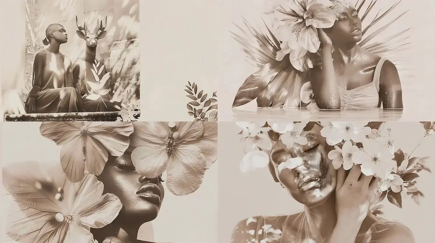 Floral Sepia Fusion: A Dance of Botanical Elegance and Monochromatic Hues - Midjourney sref style