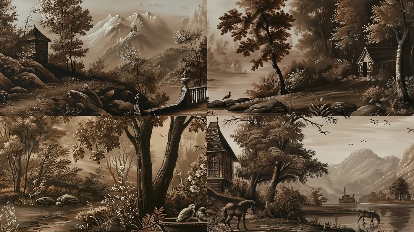 Sepia-toned Pastoral Landscapes with Romantic Era Inspirations - Midjourney sref style