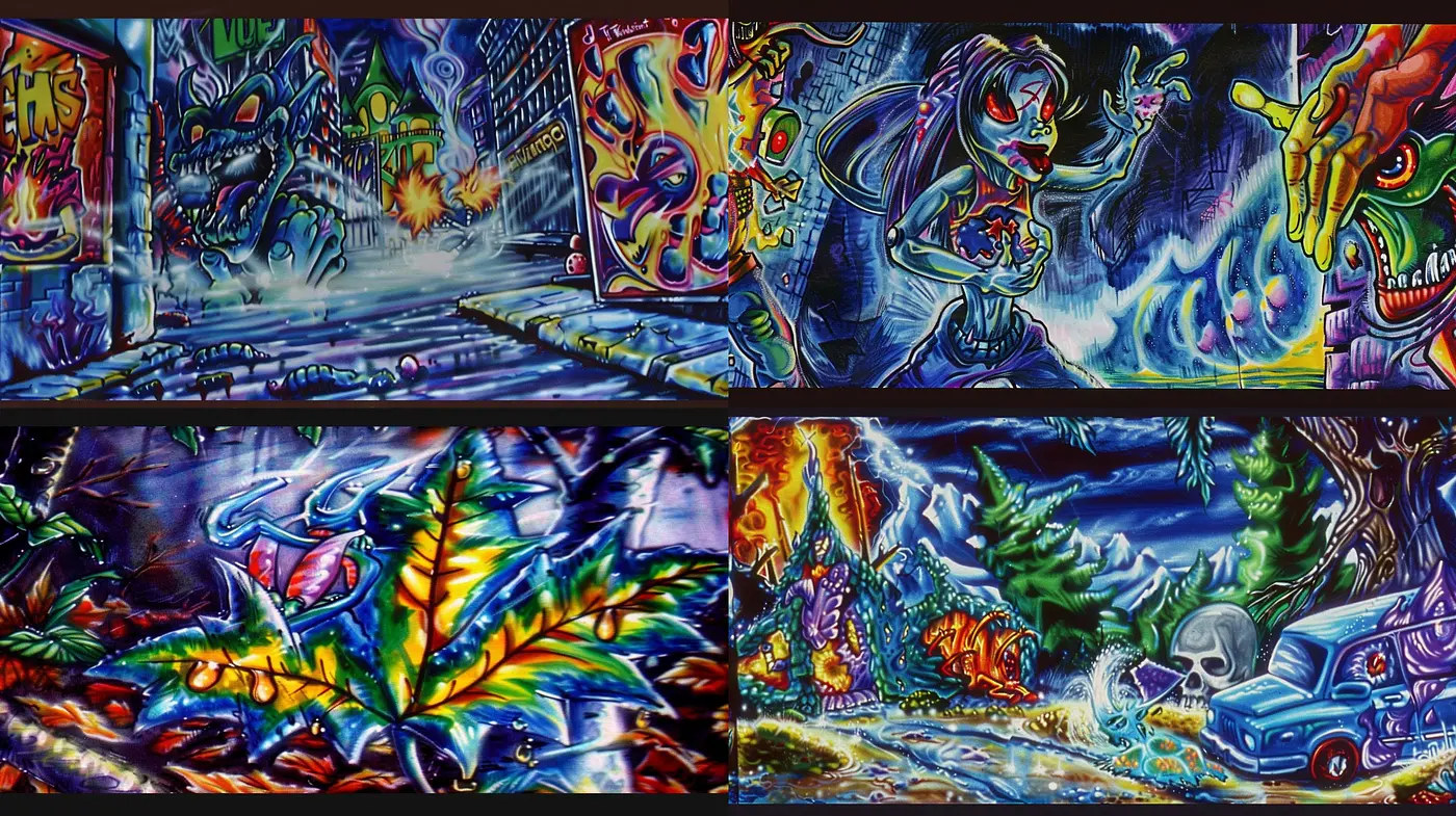 Luminous Graffiti Dystopia: A Blend of Vivid Hues and Neon Noir Strokes - Midjourney sref style