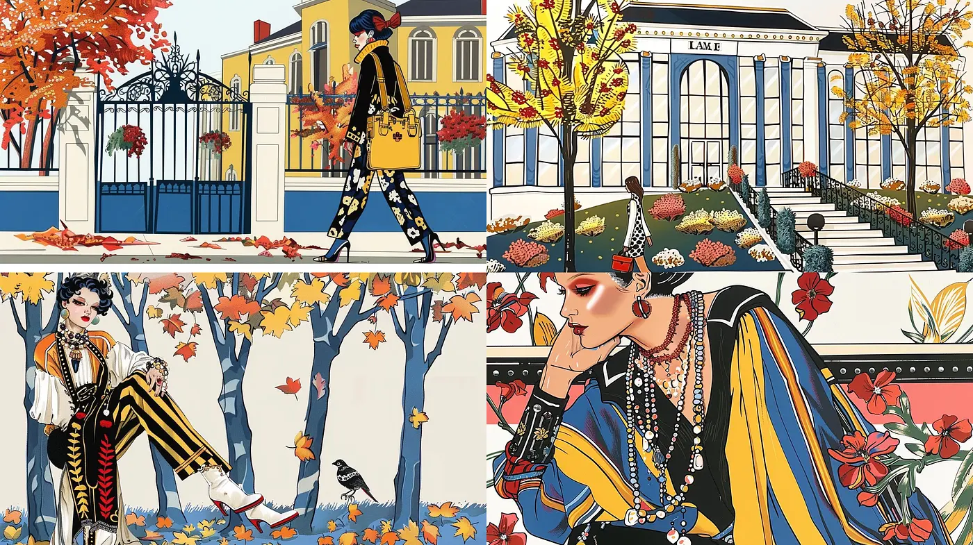 Elegant Autumnal Fusion - A Harmonious Blend of Graphic Novel Aesthetics and Vintage Fashion Elegance - Midjourney sref style