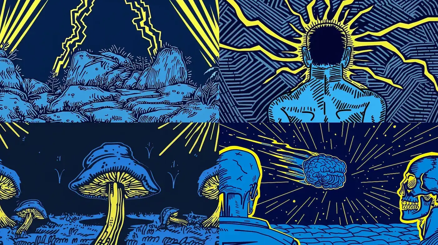 Surreal Exploration of Cosmic Themes with Bold Illustrations - Midjourney sref style