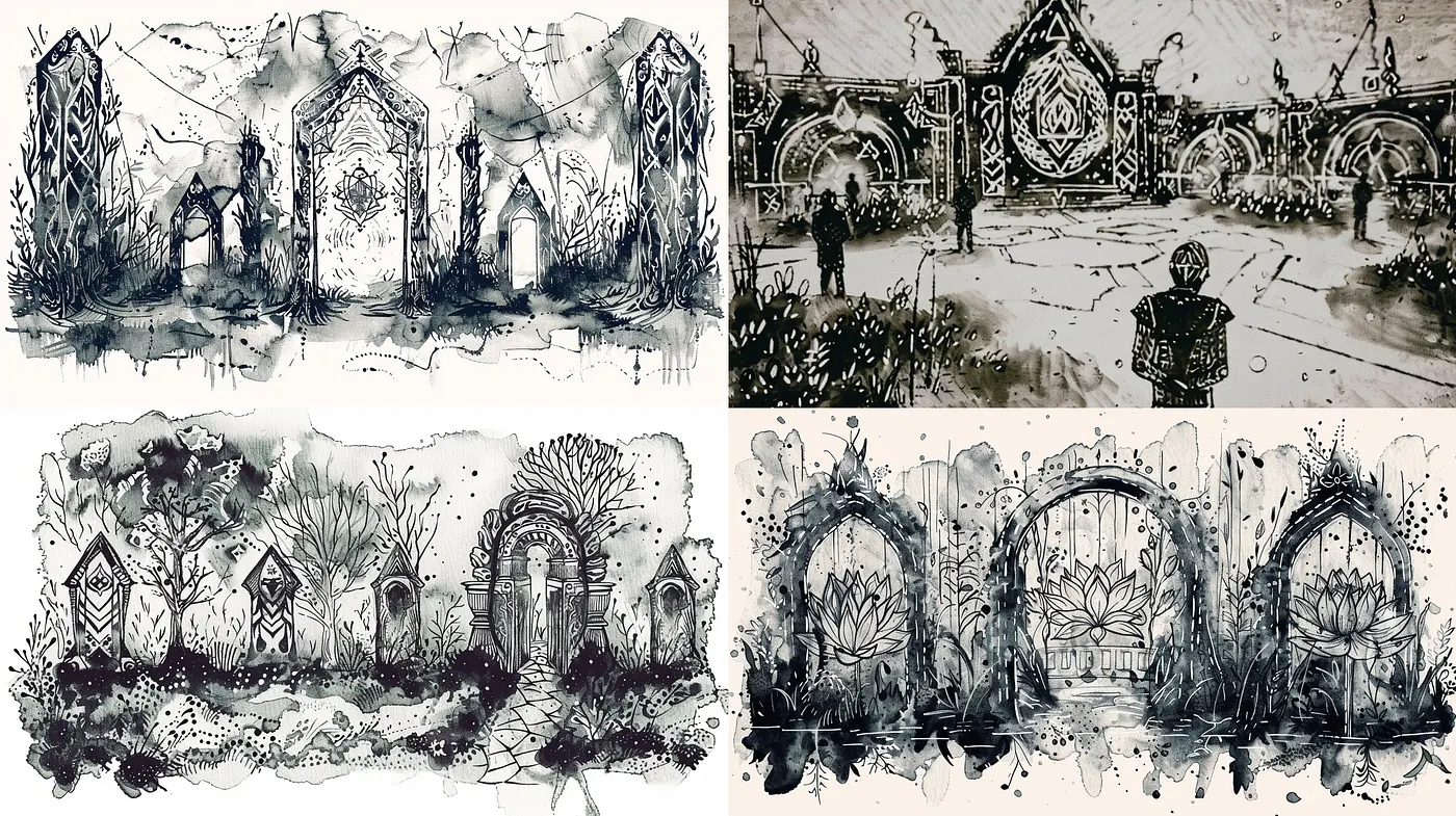 Monochromatic Dreamscape: A Consistent Exploration in Ink and Watercolor Techniques - Midjourney sref style