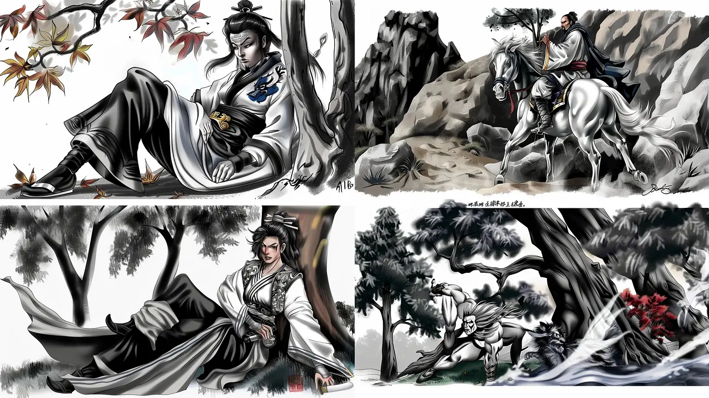 Monochrome Dynamics with a Hint of Traditional Asian Art Influence - Midjourney sref style