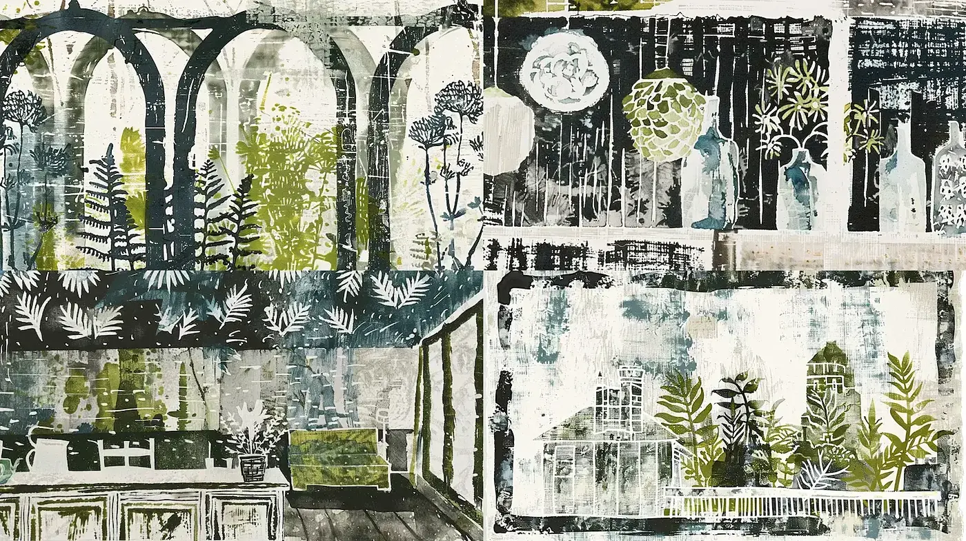 Eclectic and Textured Botanical Abstractions with a Vintage Vibe - Midjourney sref style