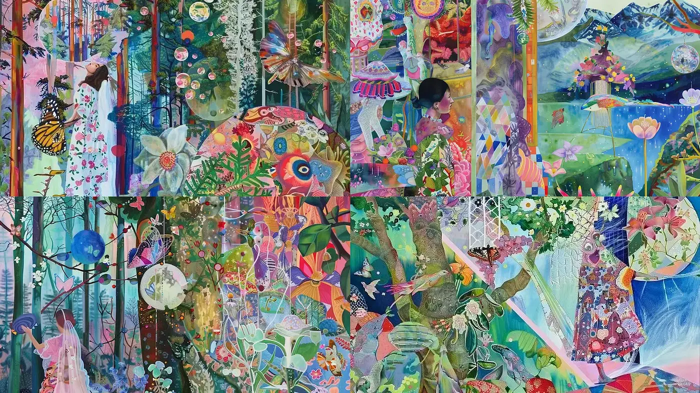 Vibrant and Dreamlike Floral Fantasy Art with Eclectic Motifs - Midjourney sref style