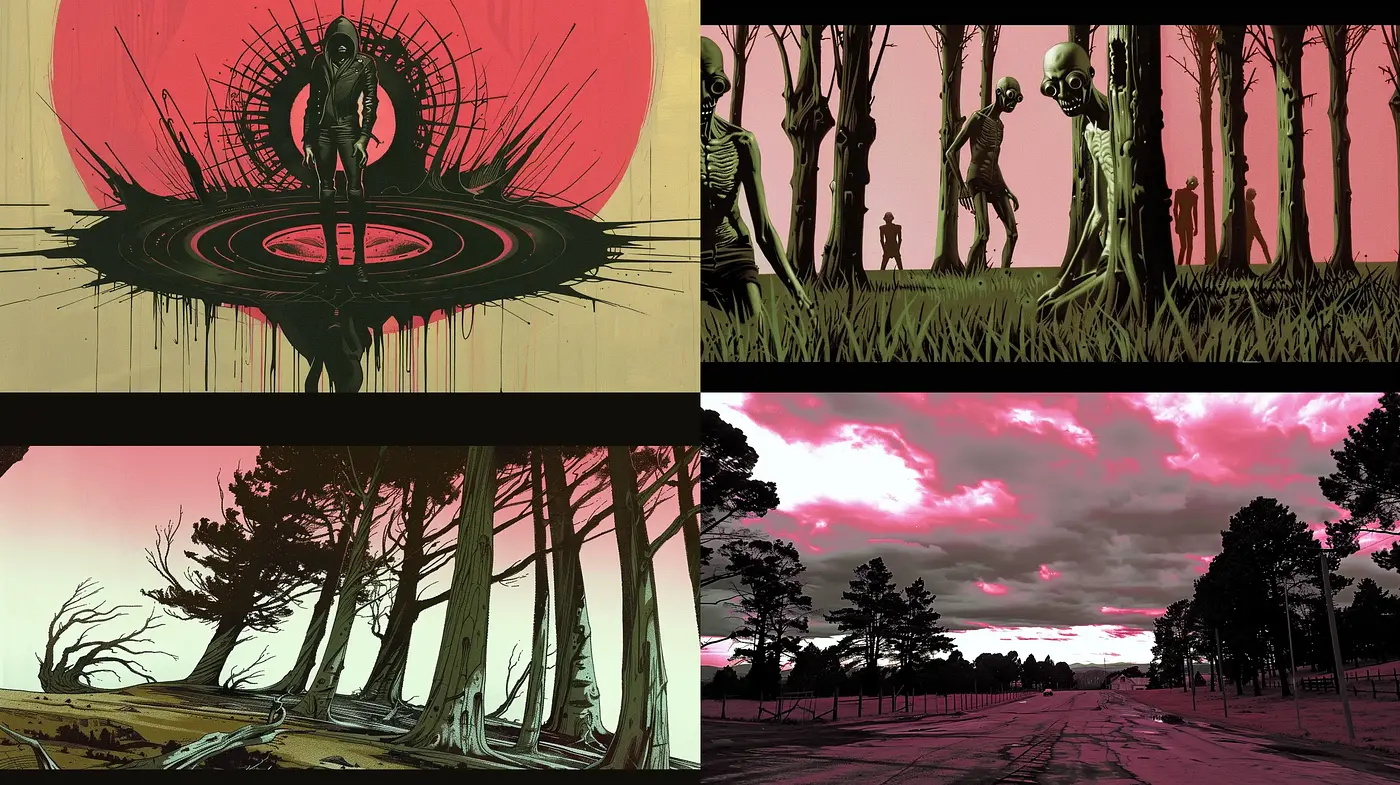 Eerie Twilight Hues in Stylized Landscape Vignettes - Midjourney sref style