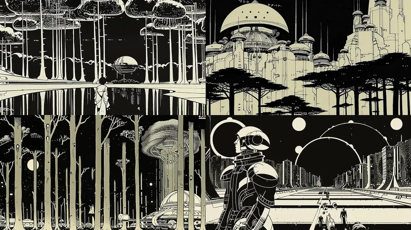Futuristic landscapes with intricate line work and muted tones - Midjourney sref style