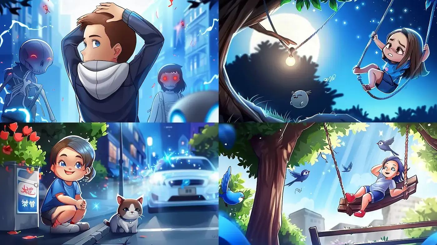 Whimsical and Playful Cartoon Style with Consistent Character Design Across Varied Settings - Midjourney sref style