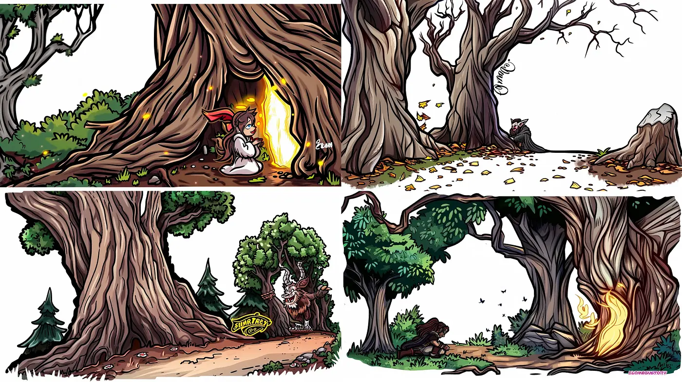 Consistent Arboreal Enchantment in Lively Comic Illustration - Midjourney sref style