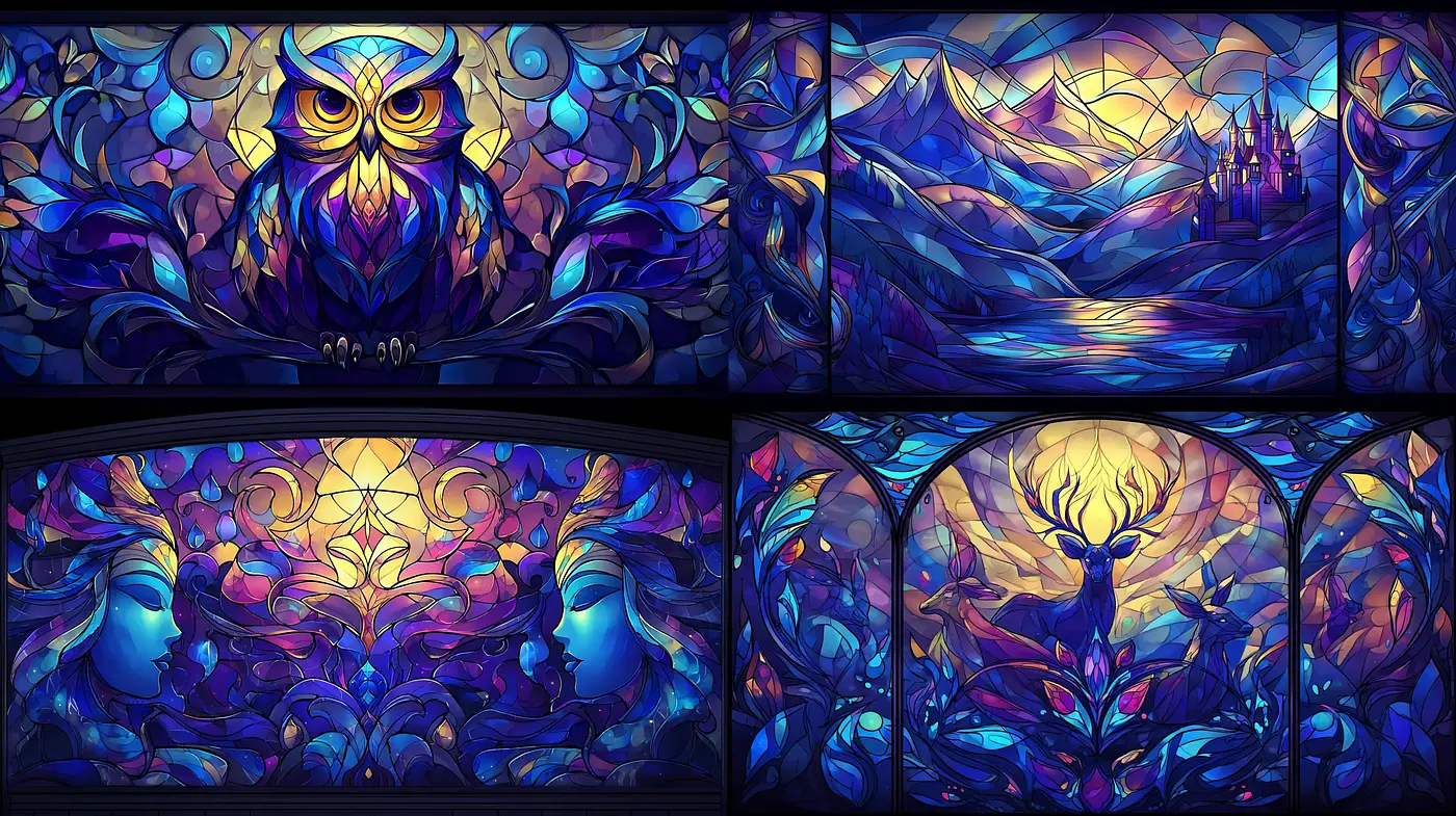 Vibrant Stained Glass Fantasy Art with Nature and Mystical Elements - Midjourney sref style