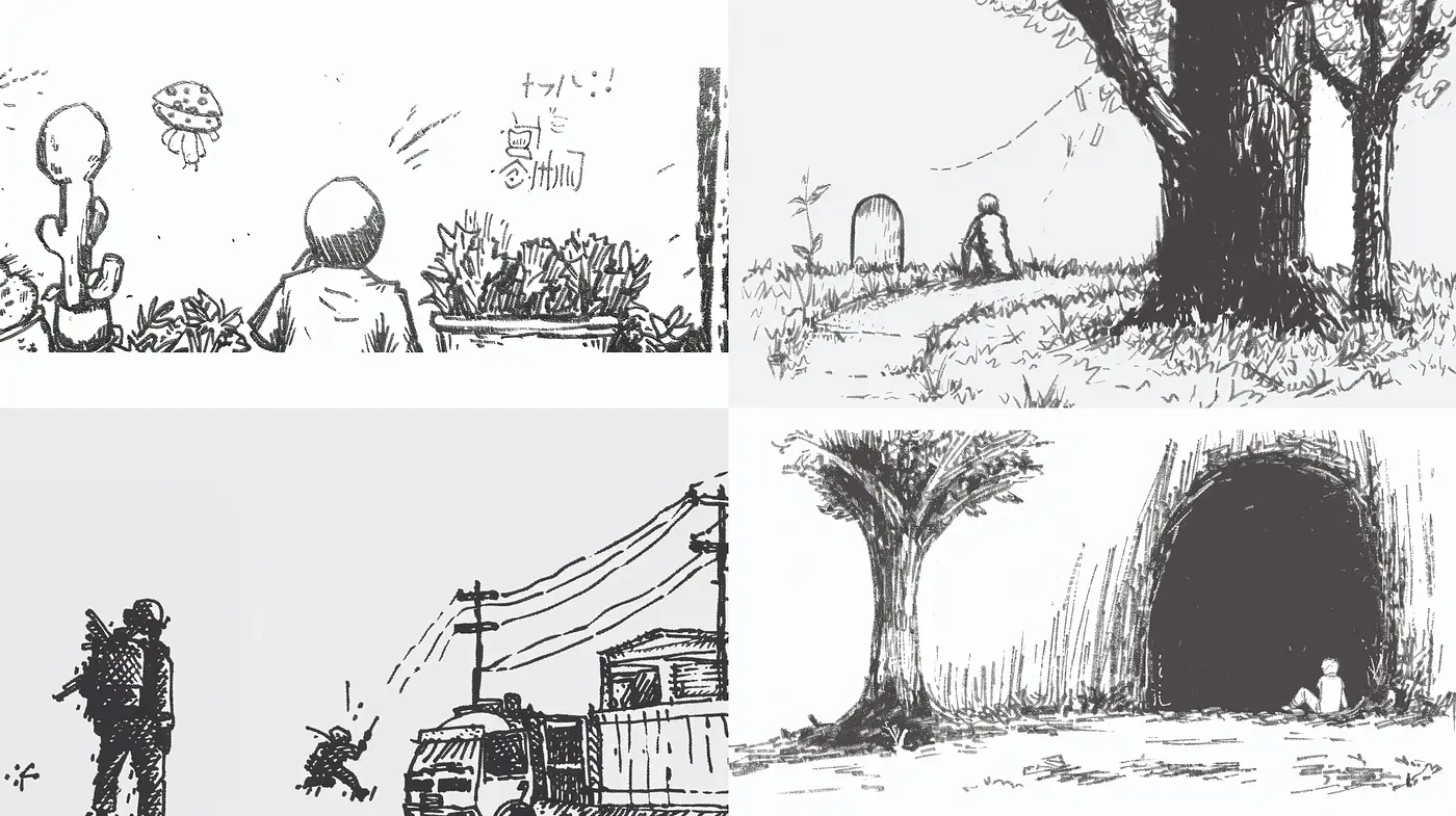 Monochrome Ink Illustration Vignettes Capturing Tranquil Moments - Midjourney sref style