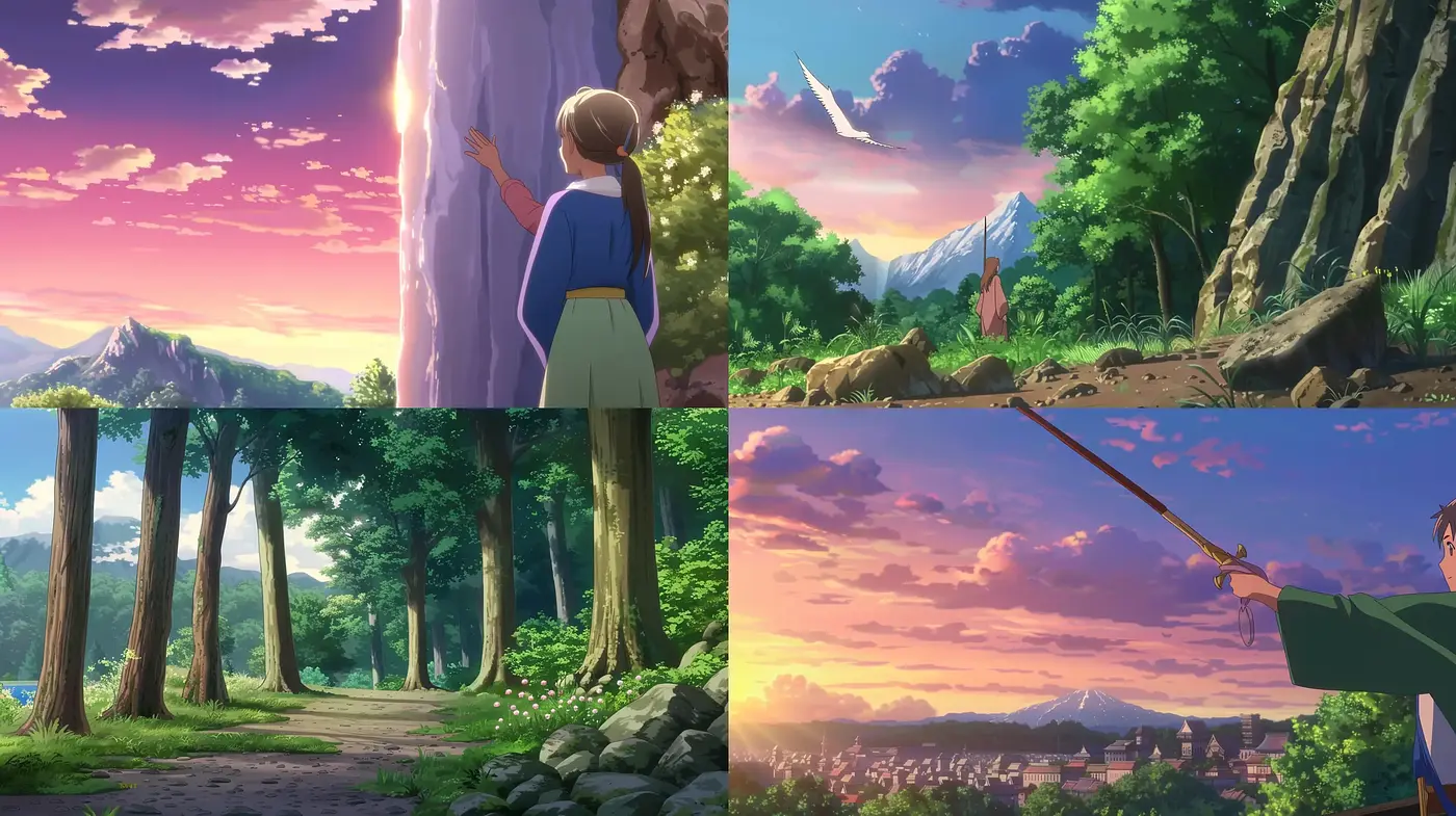 Luminous Dawn to Dusk: A Panoramic Anime Landscape Exploration - Midjourney sref style