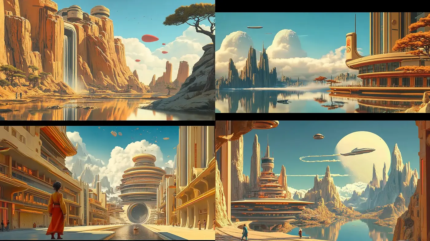 Retro-Futuristic Dreamscape Panoramas - Midjourney sref style