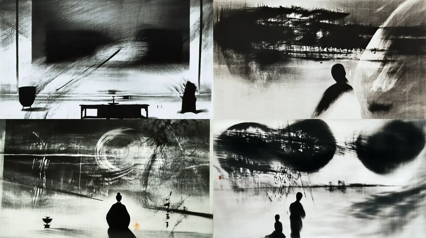 Abstract Monochromatic Visions: Expressionist Brushstrokes in Grayscale - Midjourney sref style