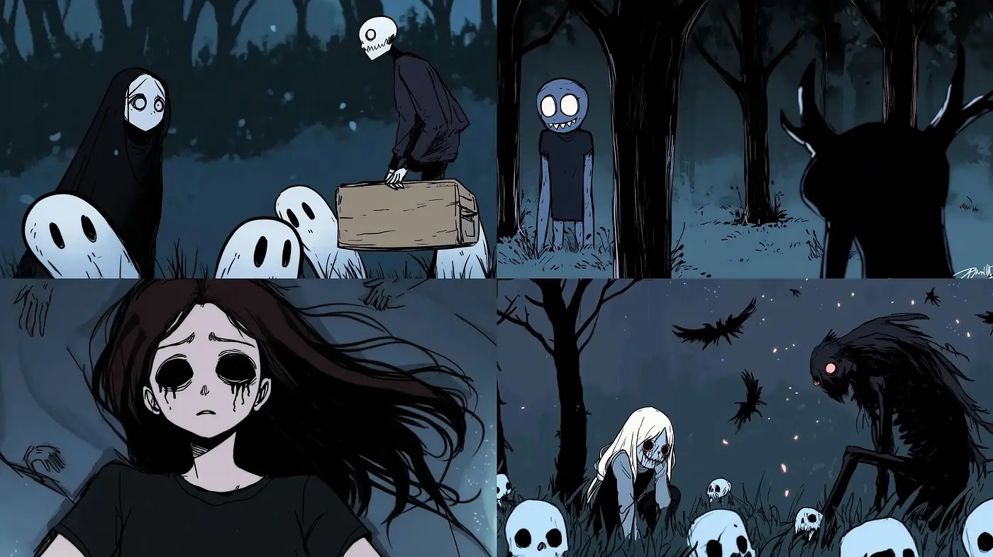 Enigmatic Nocturnal Elegy with Ghostly Apparitions - Midjourney sref style