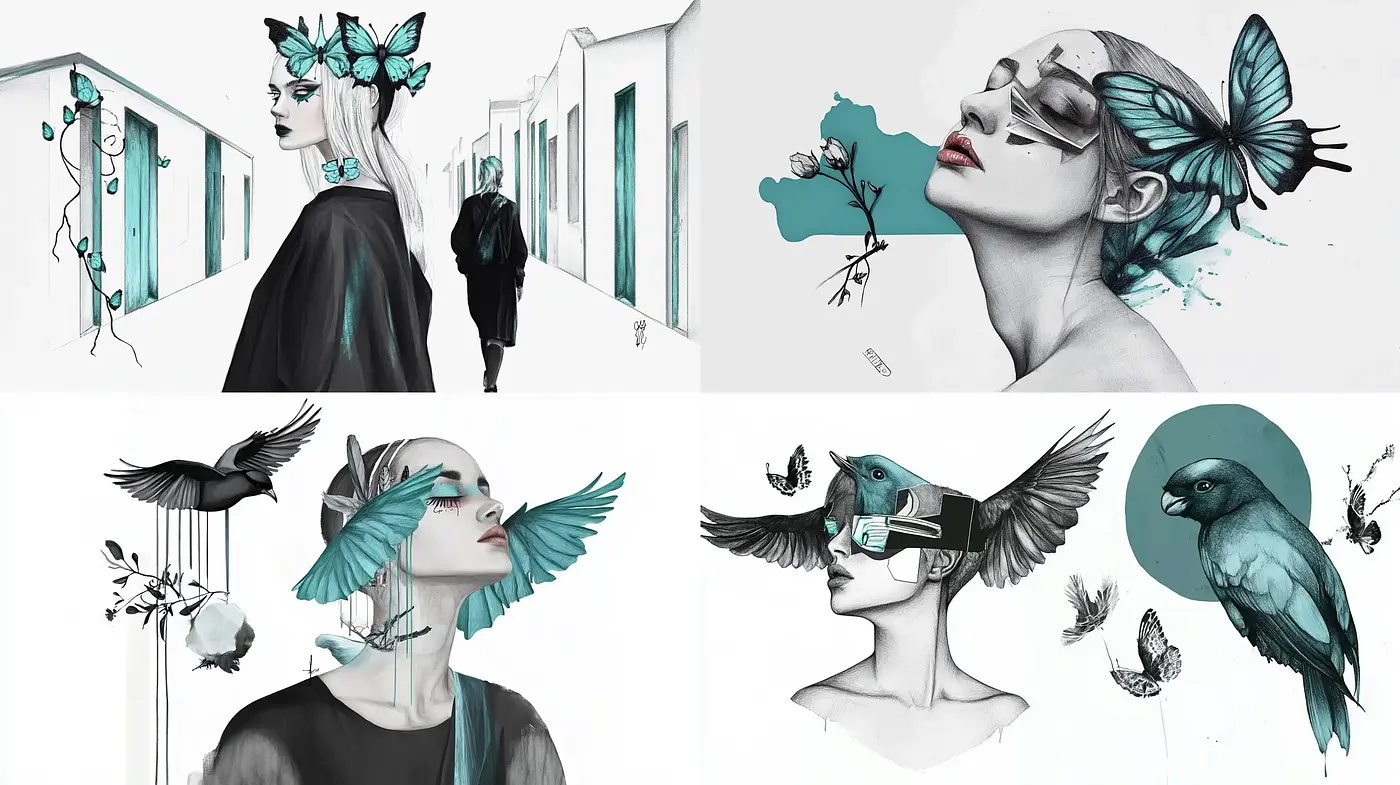Monochrome Serenity with Splashes of Teal: A Study in Contrast and Elegance - Midjourney sref style