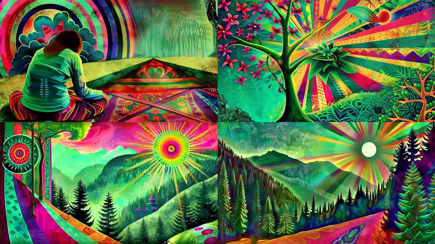 Psychedelic Nature Fusion with Vibrant Hues and Illustrative Details - Midjourney sref style