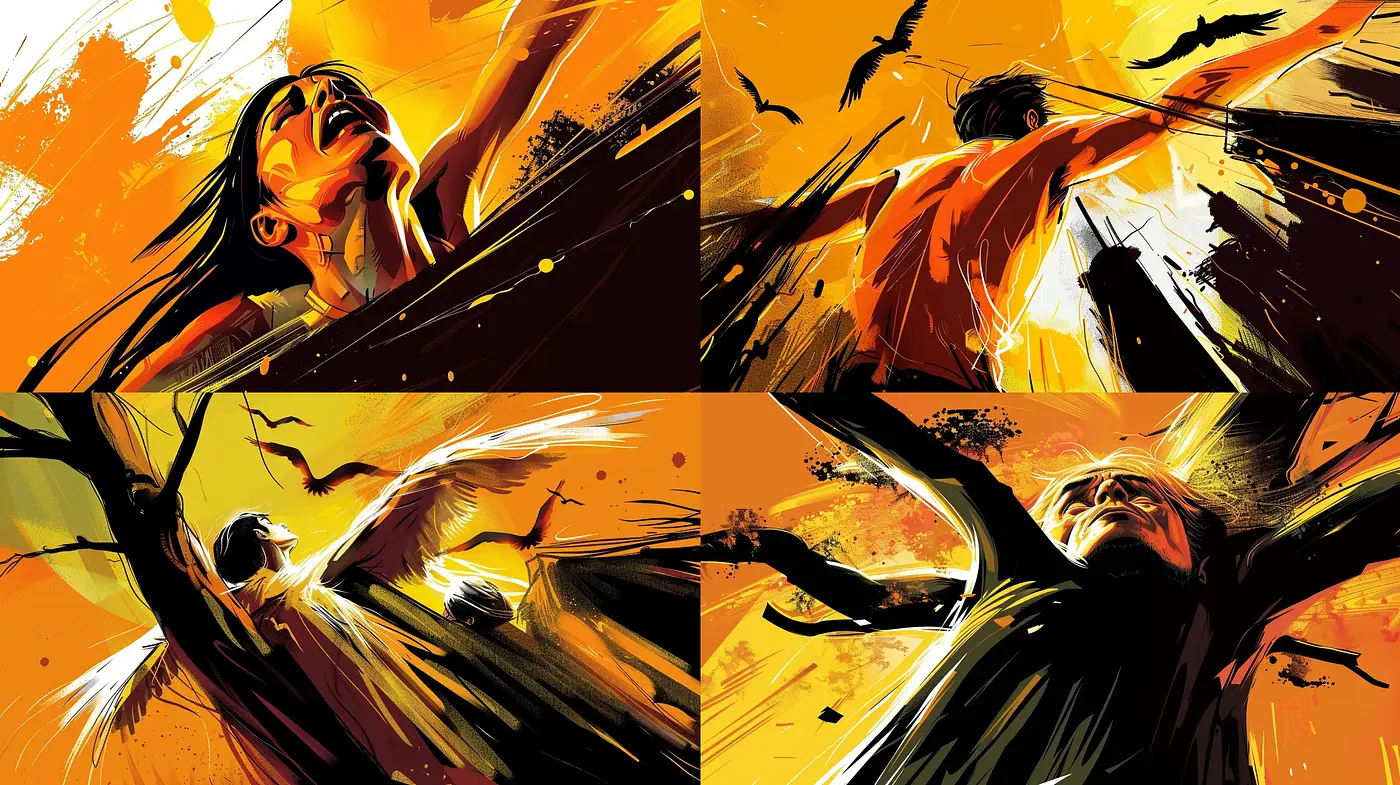 Dynamic Expressionist Motion in Vivid Orange - Midjourney sref style