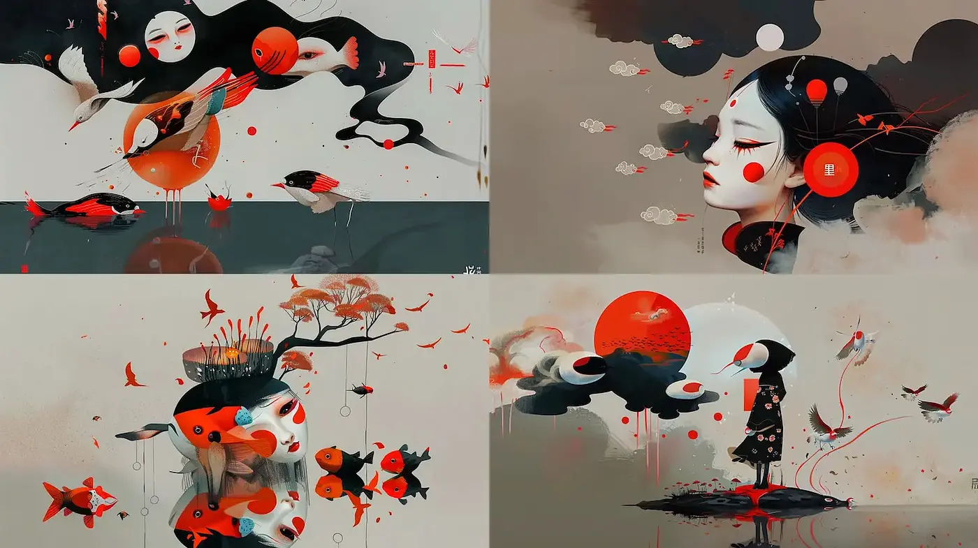 Harmonious Composition of Abstract Surrealism with Eastern Influences - Midjourney sref style