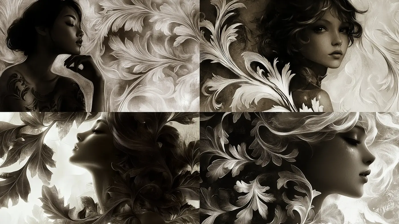 Baroque Elegance in Monochromatic Fantasy - Midjourney sref style