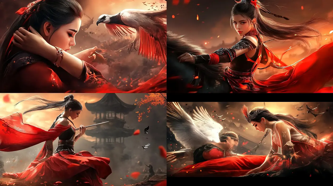 Ethereal Elegance in Crimson: A Cinematic Tableau of Fantasy and Grace - Midjourney sref style