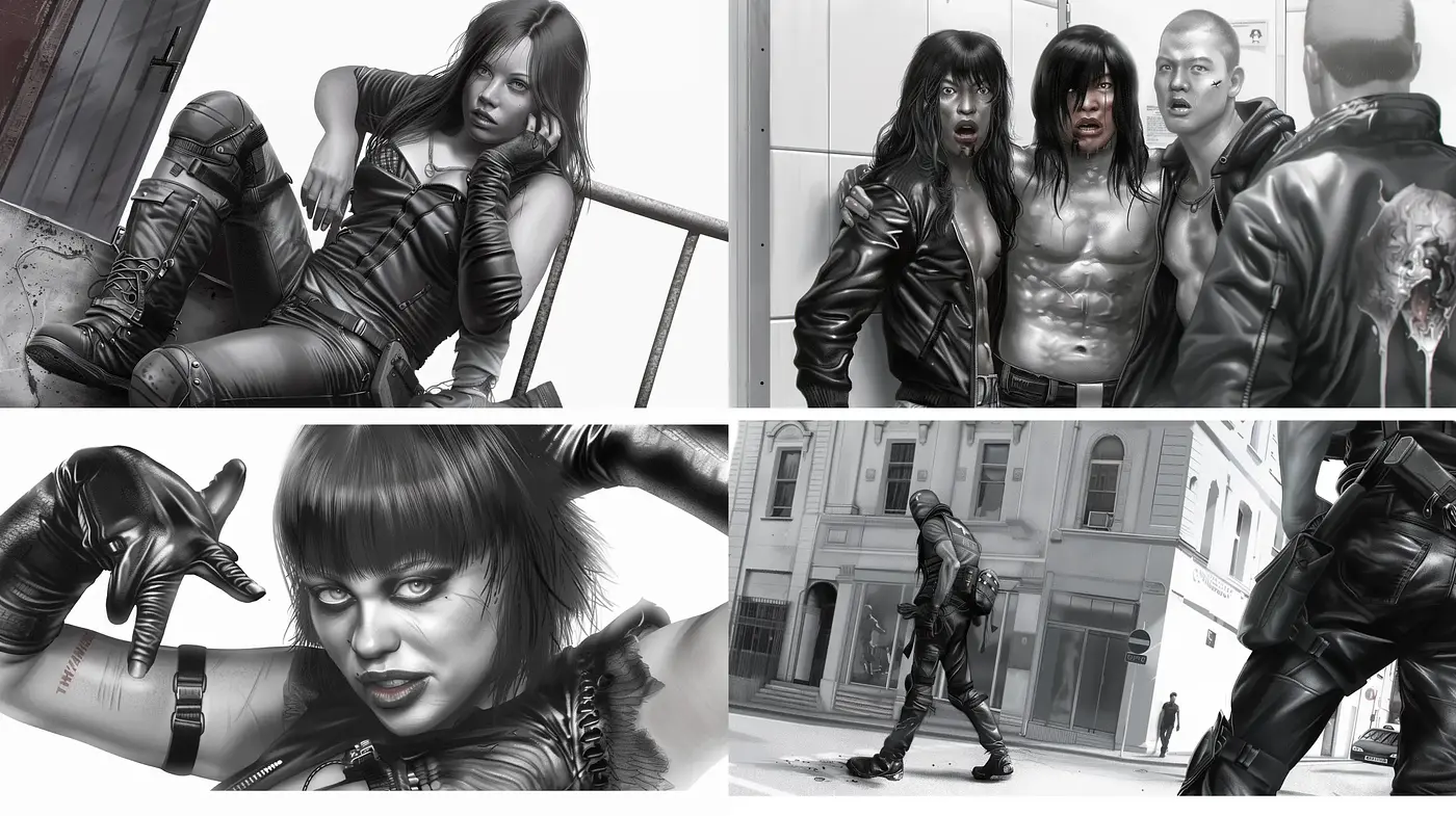Monochromatic Grayscale Urban Realism with Punk Edginess - Midjourney sref style
