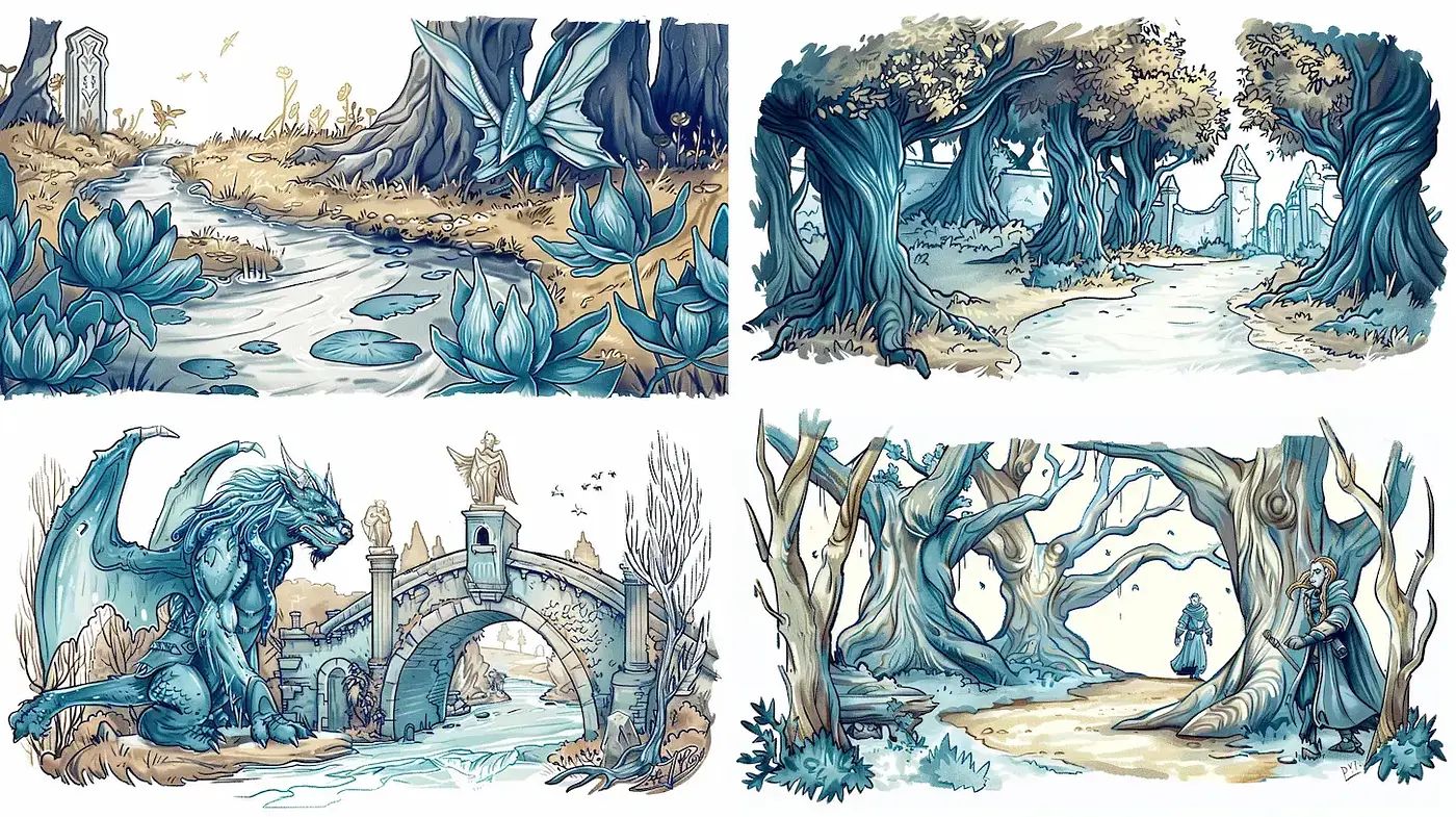Enchanted Forest Illustration Style with Consistent Blue-Toned Storybook Aesthetics - Midjourney sref style