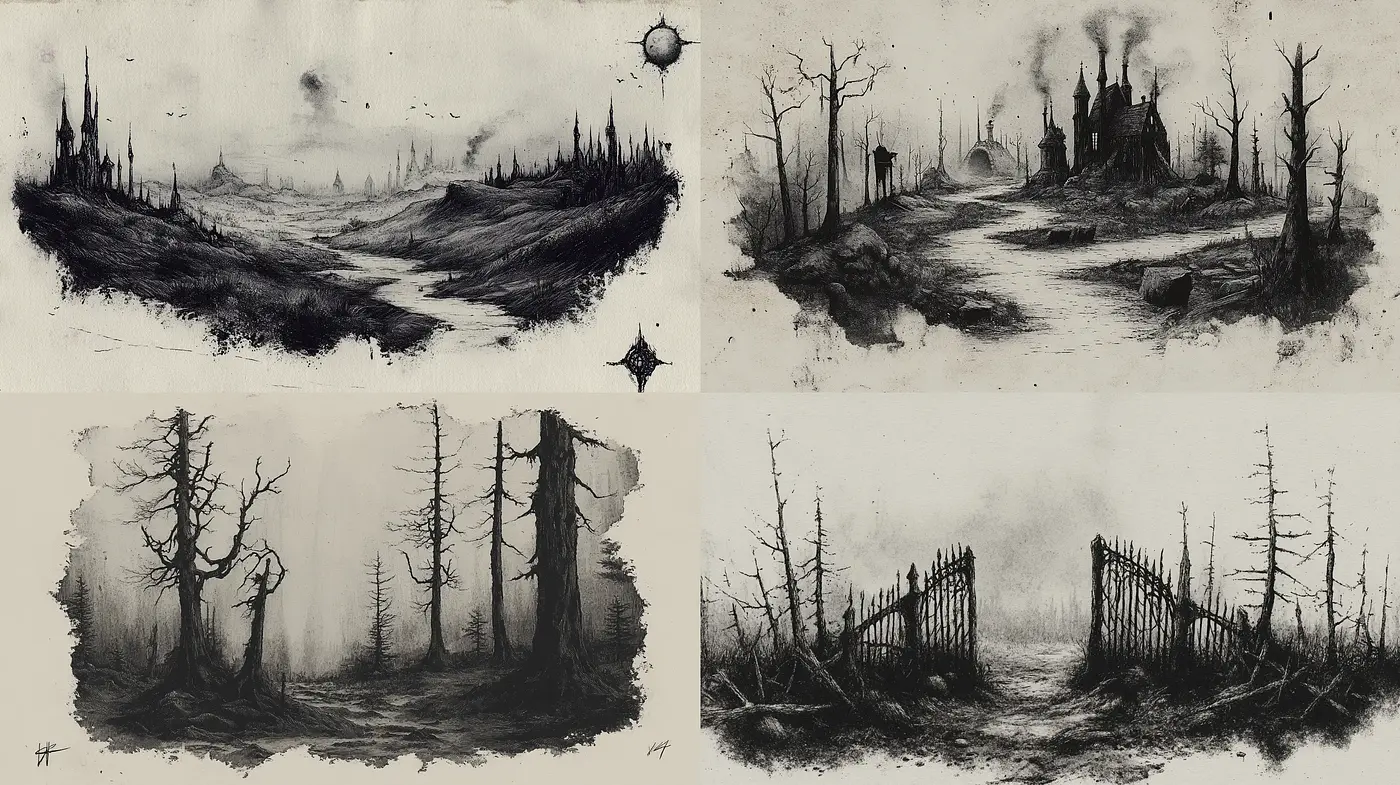 Ethereal Monochrome Landscapes with Gothic Undertones - Midjourney sref style