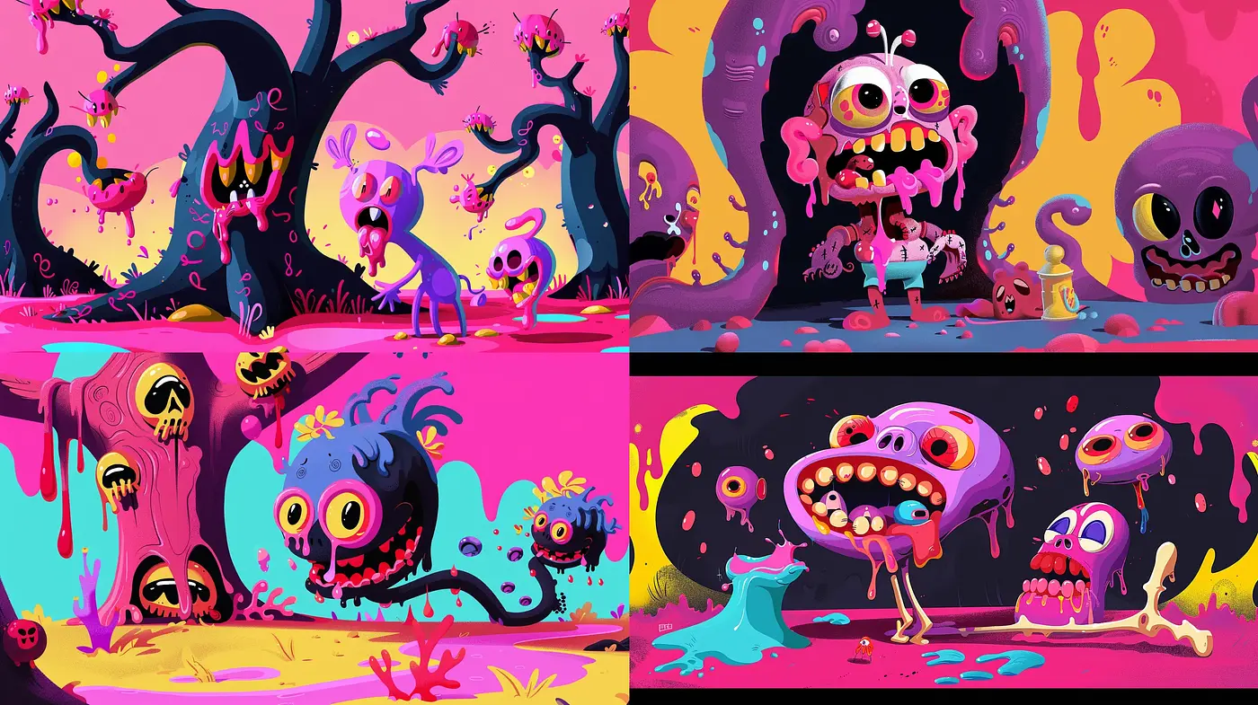 Psychedelic Cartoon Nightmares: A Vivid and Whimsical Journey through Abstracted Spooky Scenes - Midjourney sref style