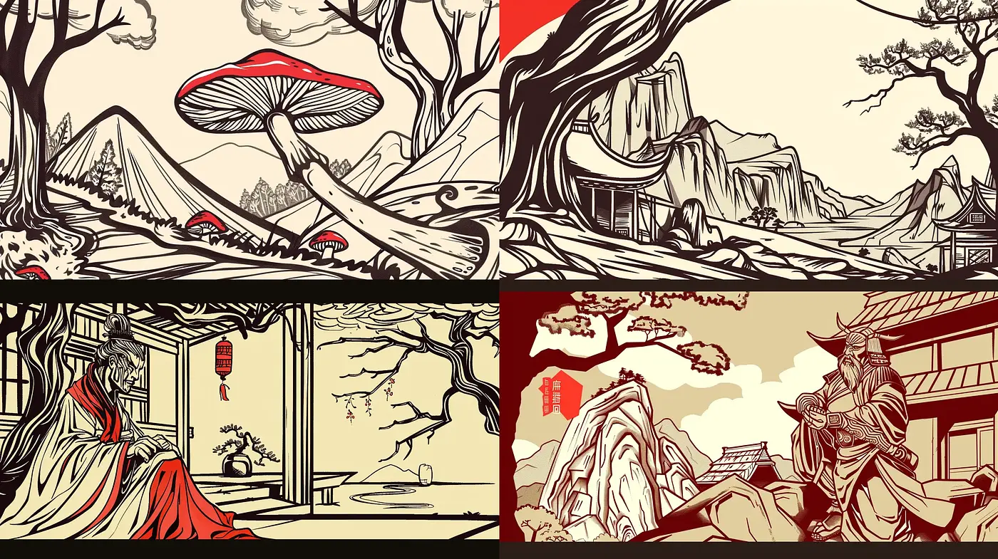 Harmonious Fusion of Eastern Ink Wash and Woodblock Print Aesthetics - Midjourney sref style