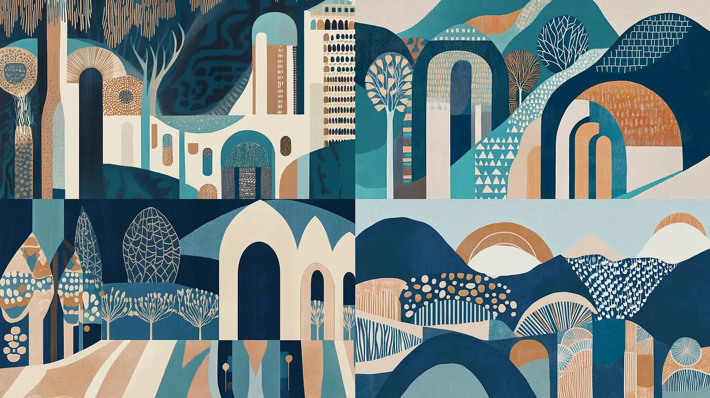 Harmonious Azure and Ochre Mosaic of Geometric Abstraction - Midjourney sref style