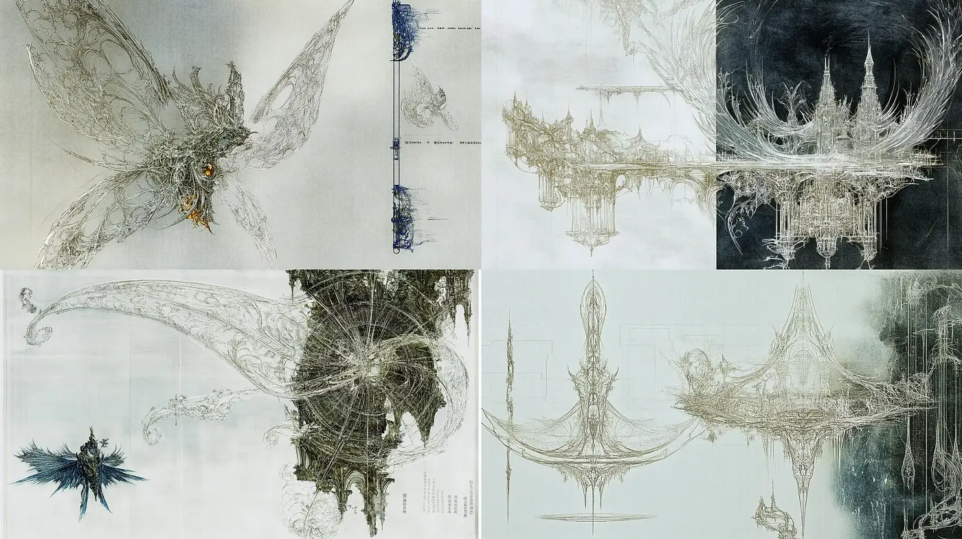 Ethereal Architectural Dreamscapes in Monochromatic Wash - Midjourney sref style
