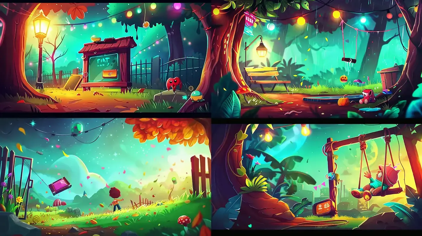 Whimsical and Vibrant Forest Scenes with a Playful Atmosphere - Midjourney sref style