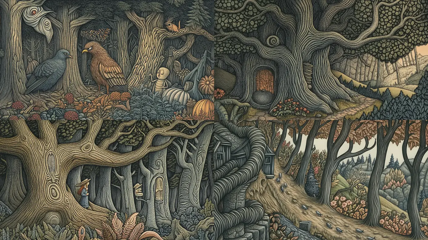 Enigmatic Sylvan Tapestry with Intricate Stylistic Consistency - Midjourney sref style