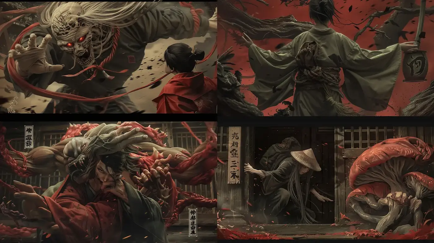 Dark Fantasy with Traditional Japanese Elements and an Ominous Atmosphere - Midjourney sref style