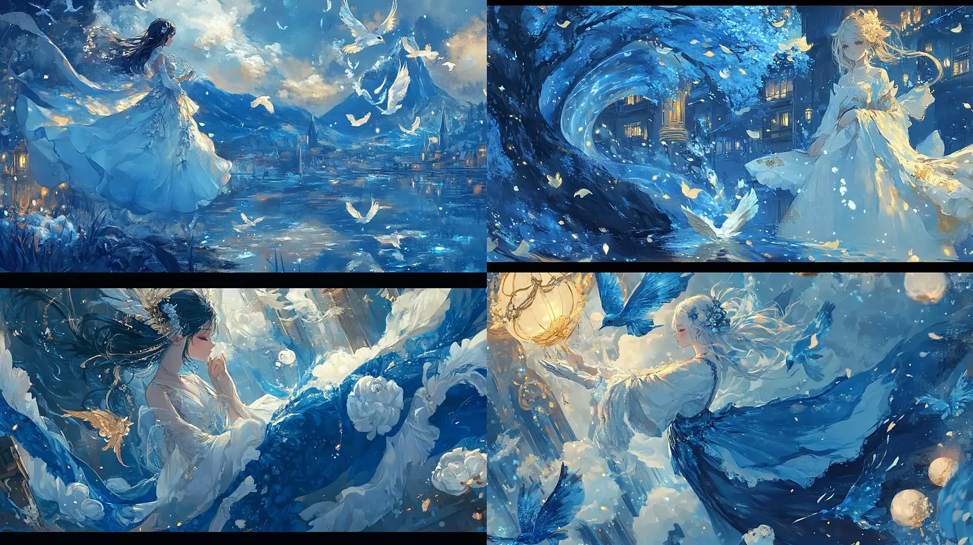 Ethereal Elegance in Celestial Blue: Dreamlike Whimsy and Dynamic Swirls - Midjourney sref style