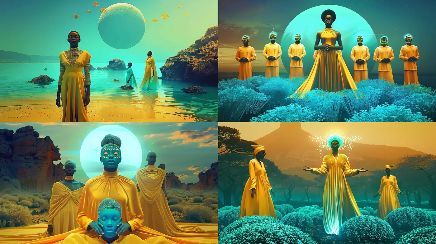 Ethereal Desert Visions: A Harmonious Blend of Surrealism and Afrofuturism - Midjourney sref style