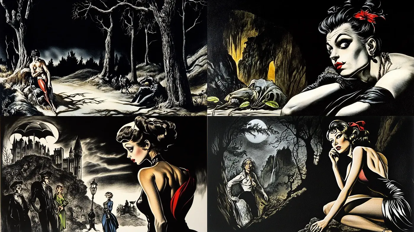 Noir-Inspired Fantastical Vignettes with a Gothic Twist - Midjourney sref style