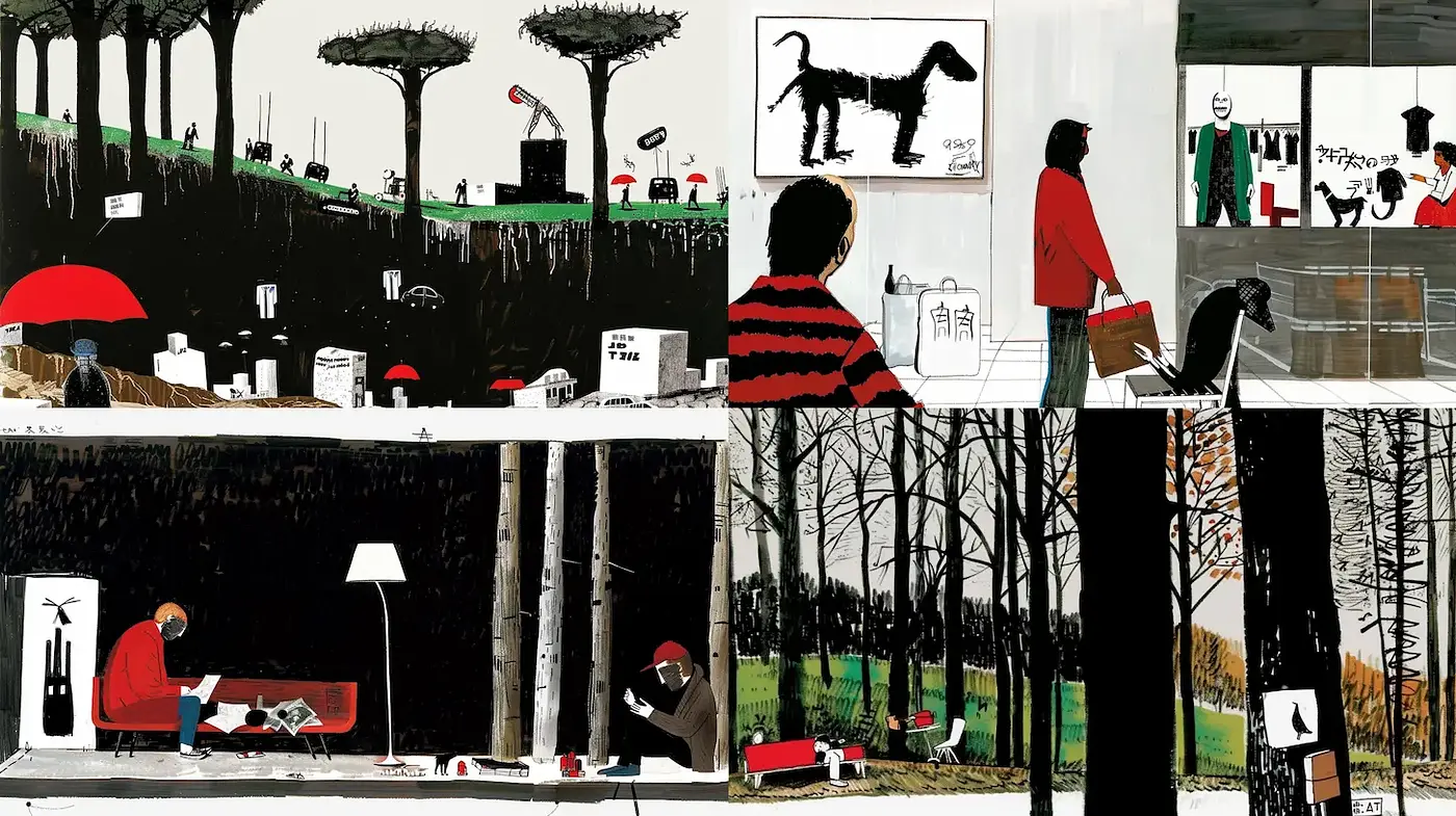 Modern, whimsical illustrations with a touch of surrealism and simplicity - Midjourney sref style