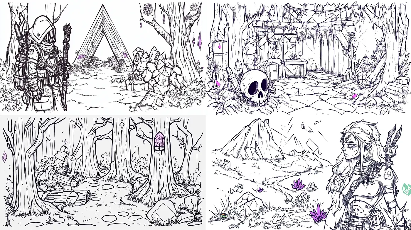 Monochrome Fantasy Sketches with a touch of Purple - Midjourney sref style