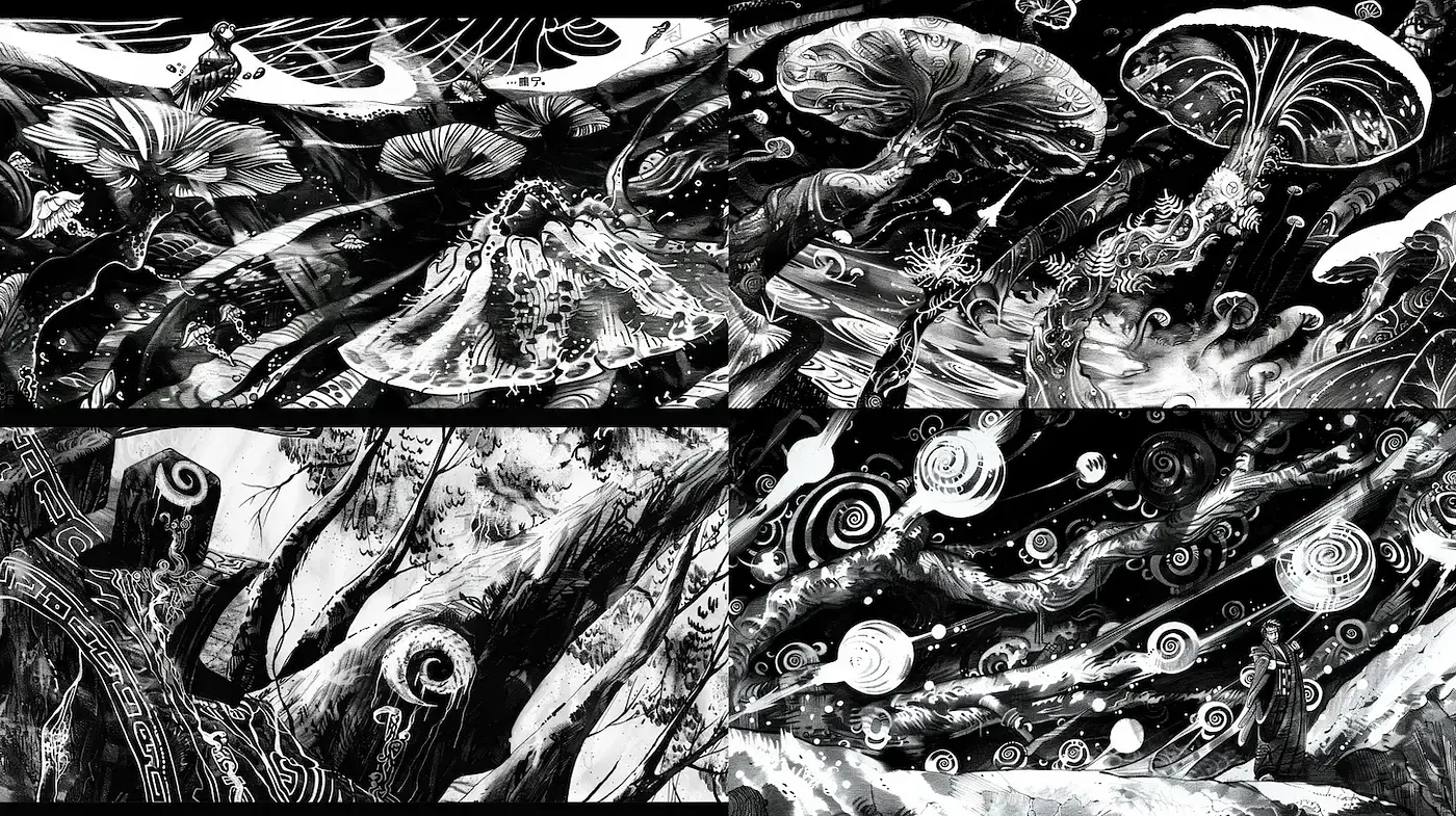 Surrealistic Black and White Fantasia with Organic Elements - Midjourney sref style