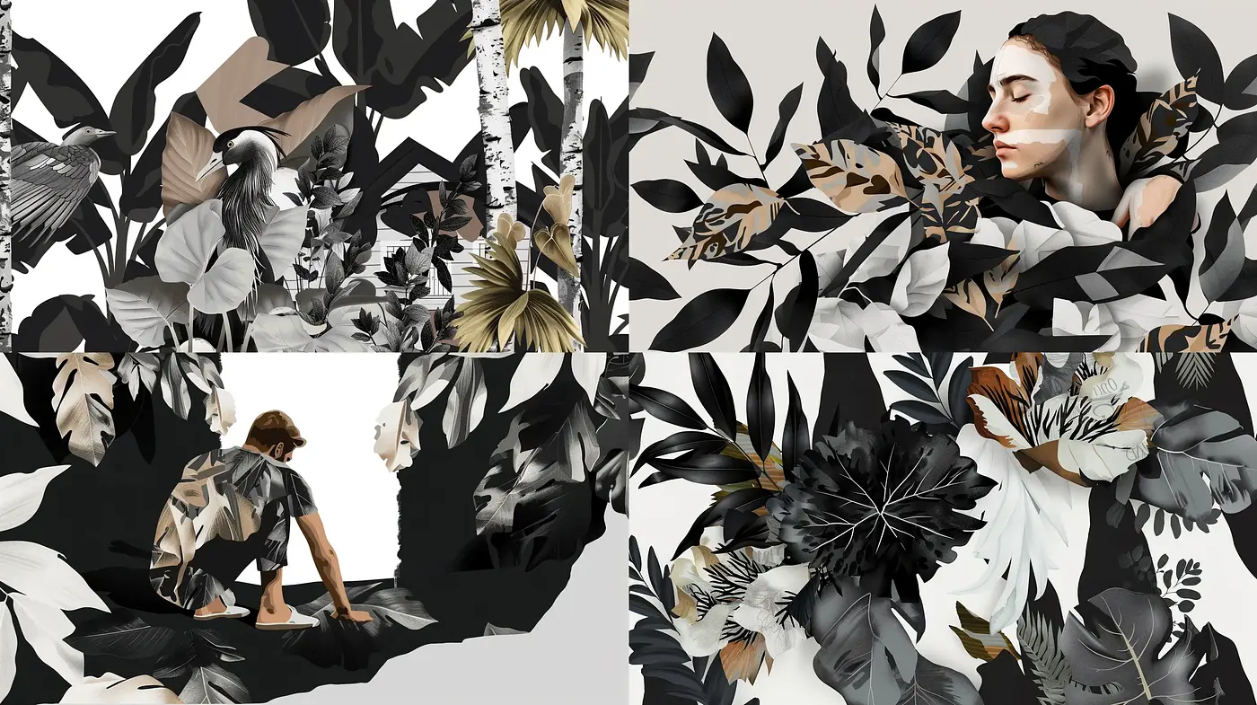 Monochromatic Botanical Elegance with Surrealistic Human Fusion - Midjourney sref style