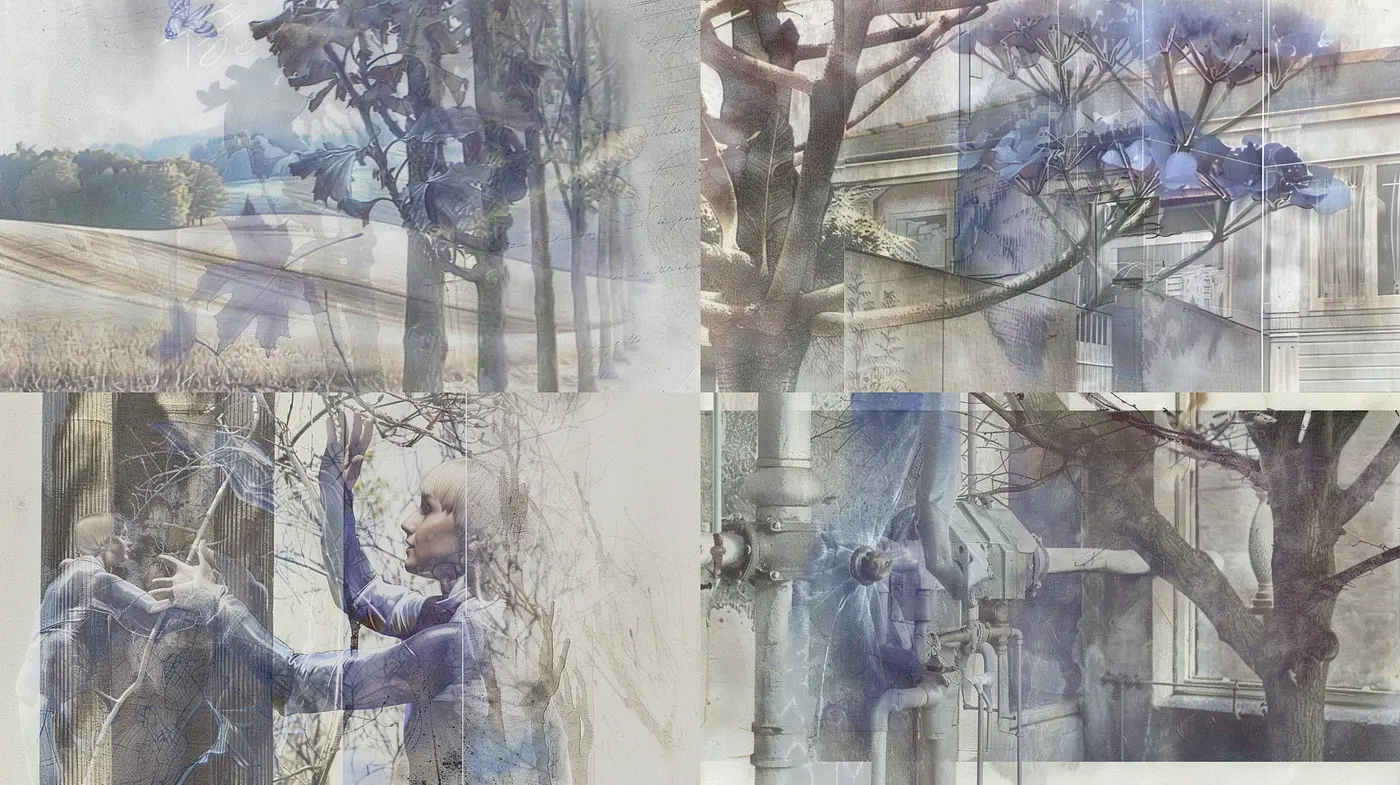 Ethereal Blueprint Memories: A Fusion of Engineering Drafts and Nostalgic Landscapes - Midjourney sref style