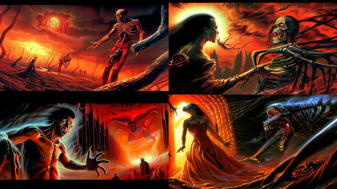 Glowing Embers of Gothic Fantasy: A Surreal Macabre Dance - Midjourney sref style