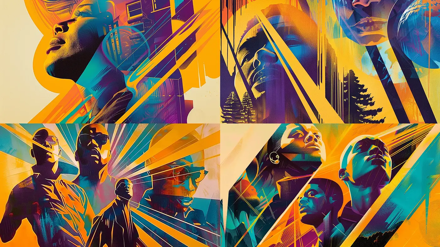 Dynamic Retrofuturistic Synthesis - A Harmony of Geometric Vibrance and Cinematic Portraiture - Midjourney sref style