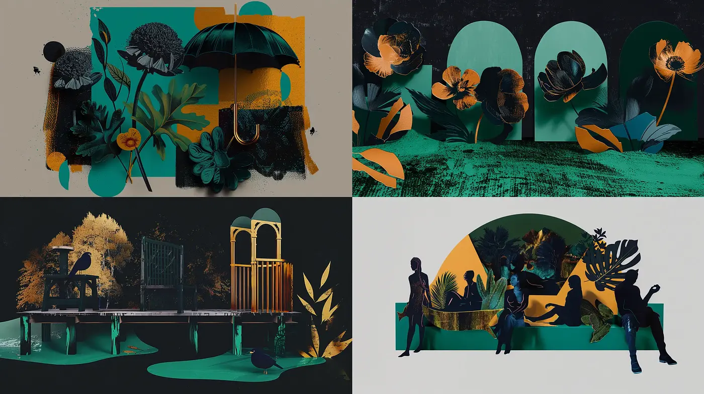 Stylized Botanical Silhouette Scenes with Art Nouveau and Graphic Novel Influences - Midjourney sref style