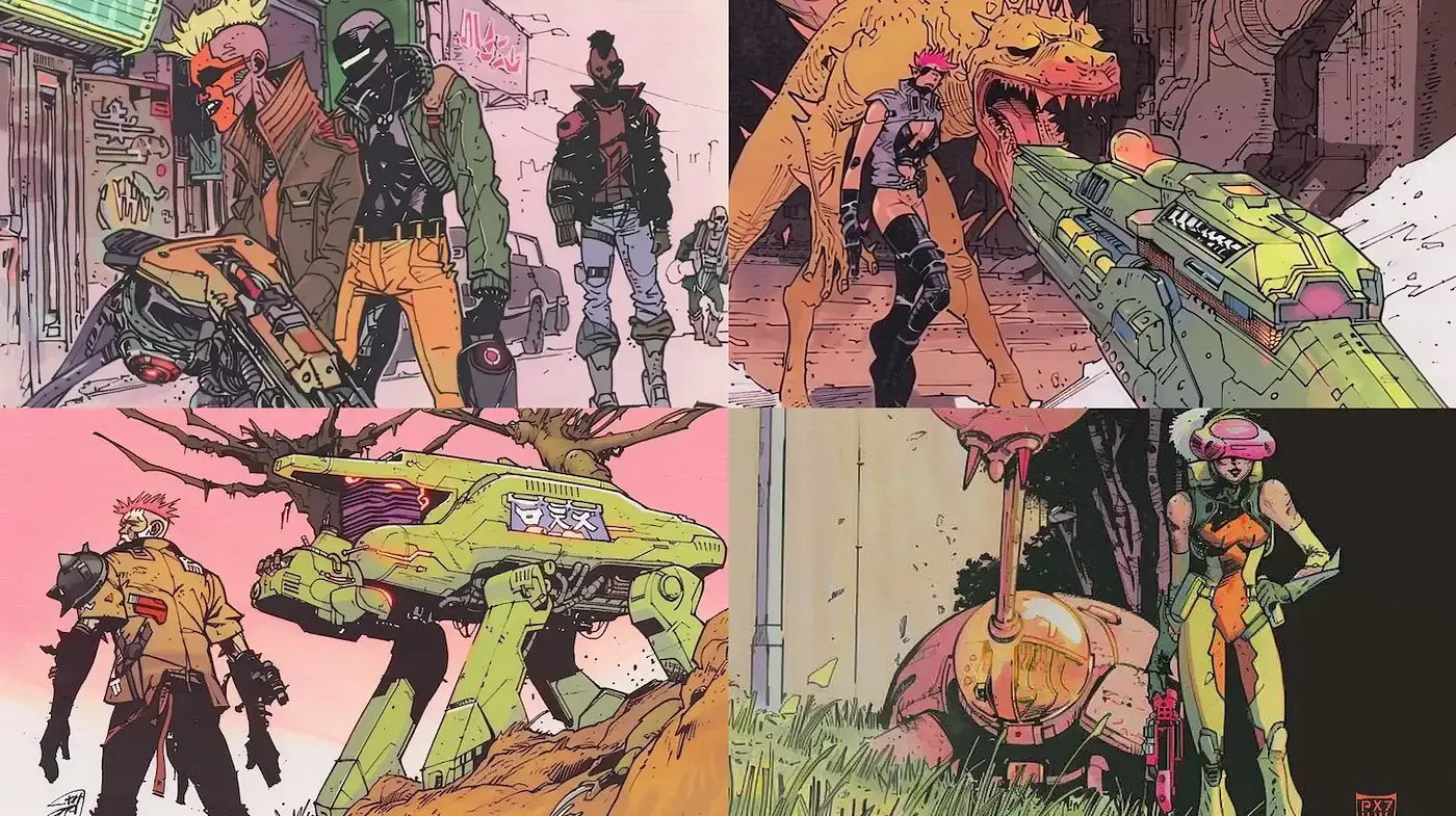 Futuristic Cyberpunk Warfare with Retro Comic Aesthetic - Midjourney sref style