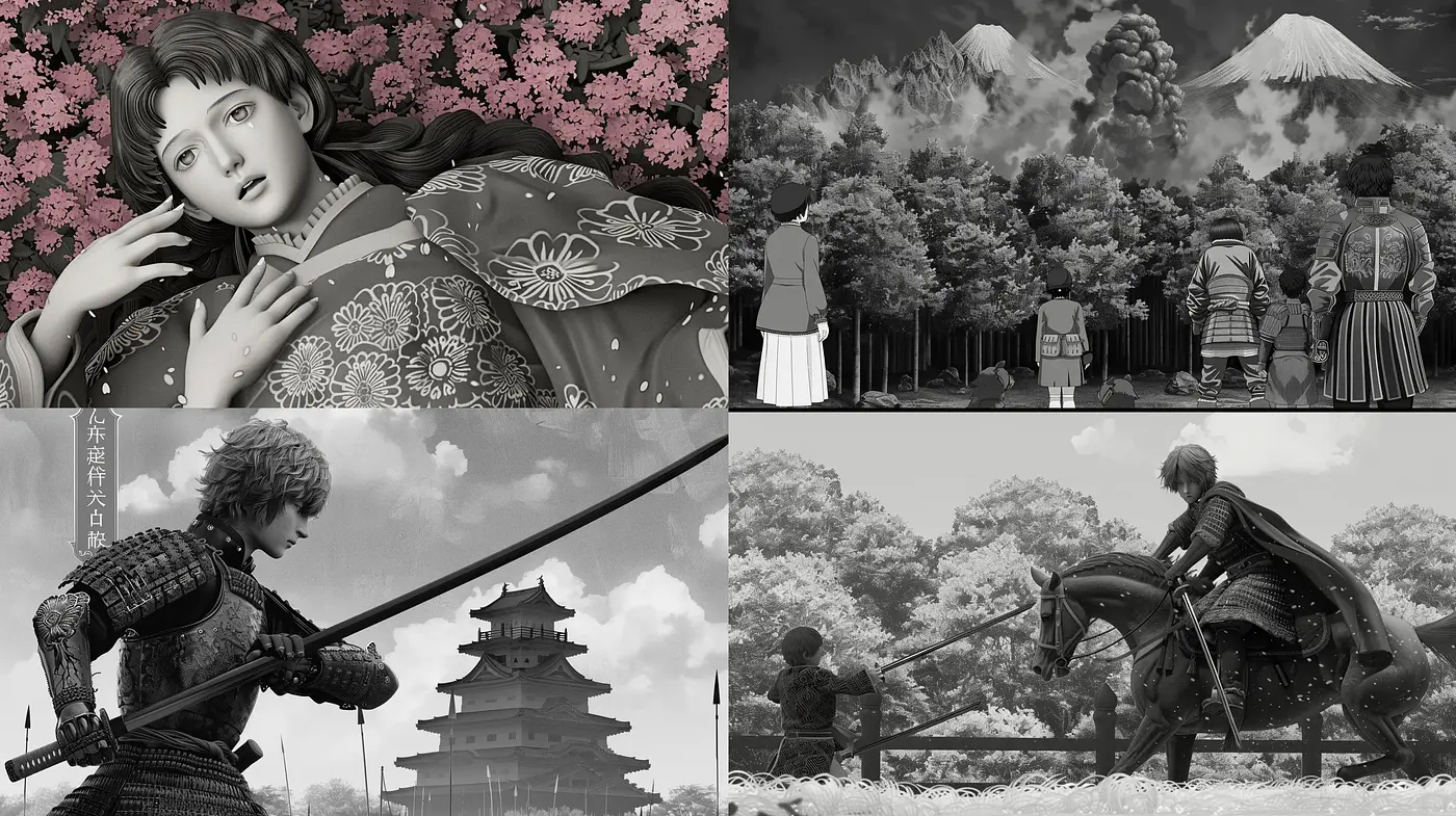 Monochromatic Edo Period Homage with Subdued Pastel Accents - Midjourney sref style