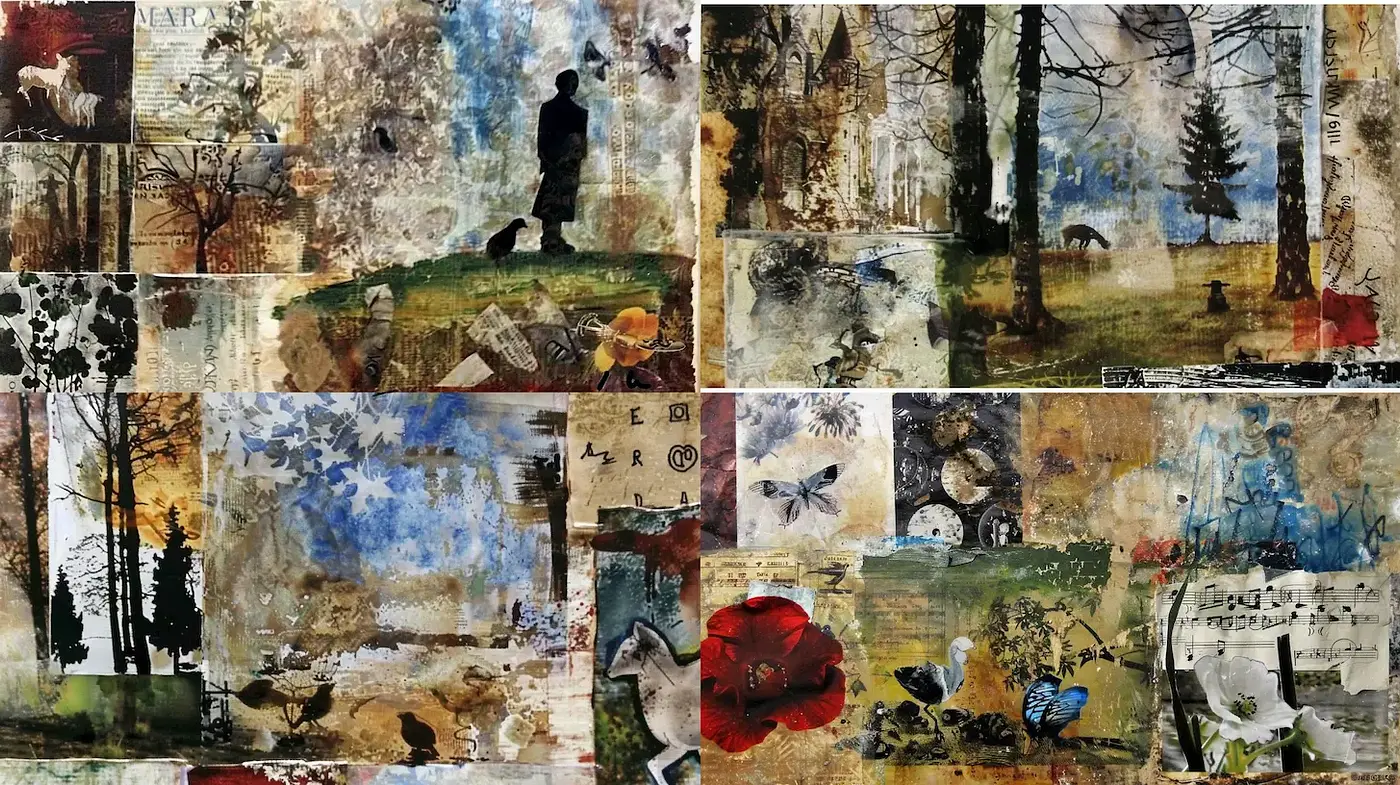 Whimsical vintage collage with nature and abstract elements - Midjourney sref style