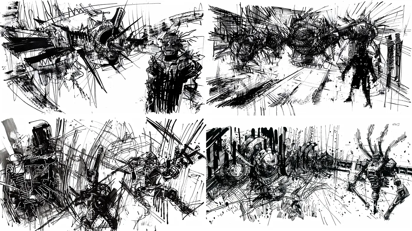 Abstract Chaos in Monochrome: An Exploration of Kinetic Energy - Midjourney sref style